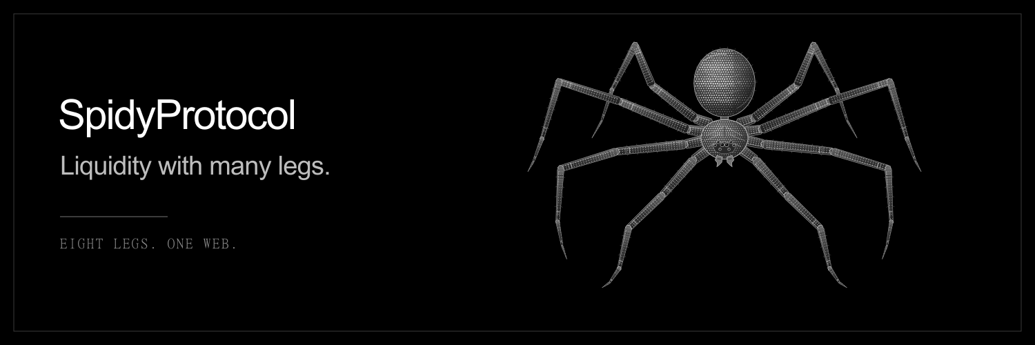 SpidyProtocol social banner with the words Liquidity with many legs and a detailed halftone eight-legged spider