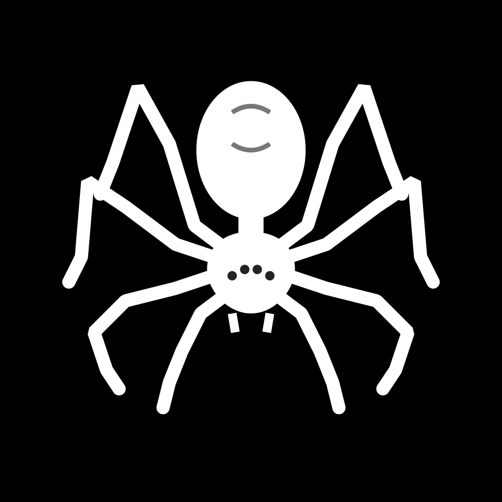White spider token avatar on black, with a large oval abdomen, smaller head and eight angular legs